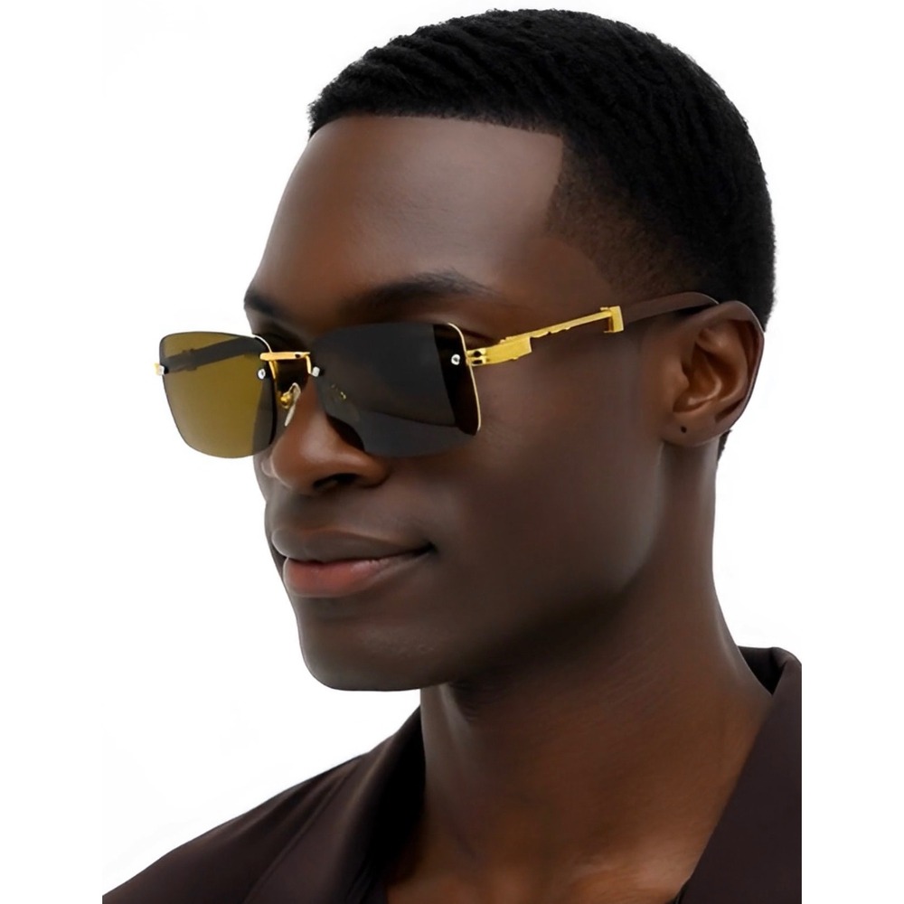 Mens Rimless Rectangular Sunglasses Gold Wood Grain Frame Brown Lens UV400